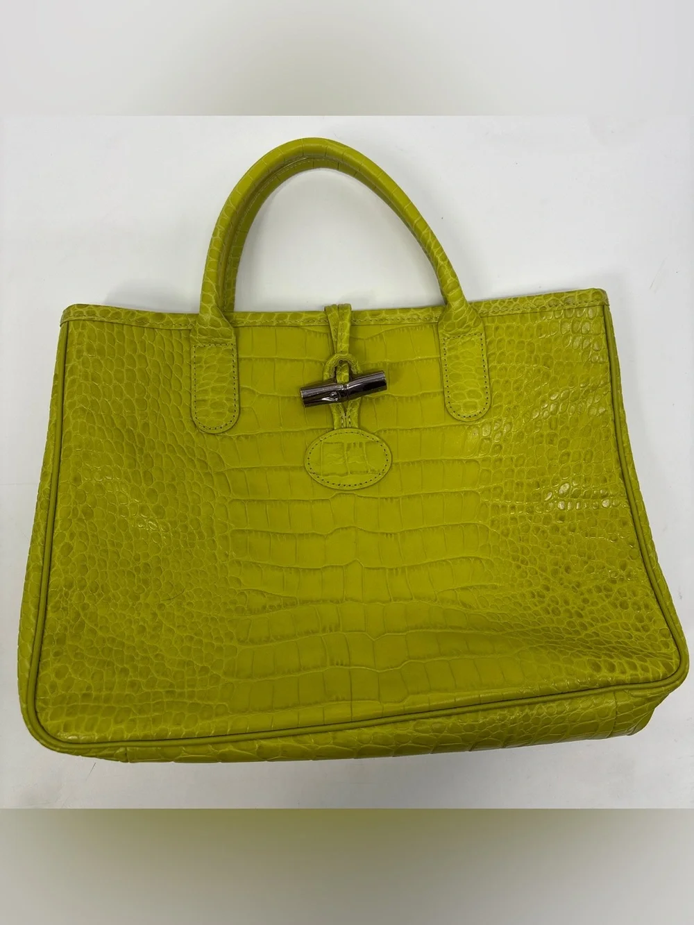 Longchamp Green Croc Embossed Roseau Bag
